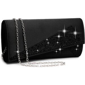 Women's Satin Rhinestone Cocktail Evening Glitter Shiny Black Clutch Bag